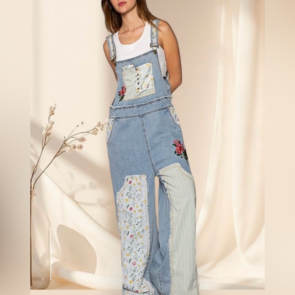 POL Floral Patchwork Denim Overalls Embroidered Bohemian Jean Jumpsuit - Picture 7 of 9